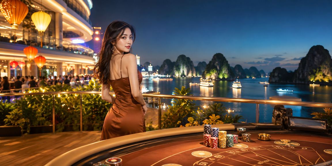 Khung cảnh vịnh Hạ Long với người chơi thư giãn kiểm tra jackpot và baccarat trên điện thoại bên ly cà phê
