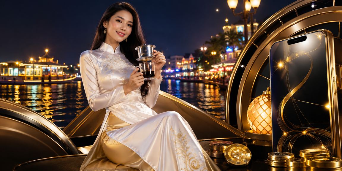 Người phụ nữ Việt Nam trong tà áo dài đăng ký tài khoản fun79 trên điện thoại tại Mekong