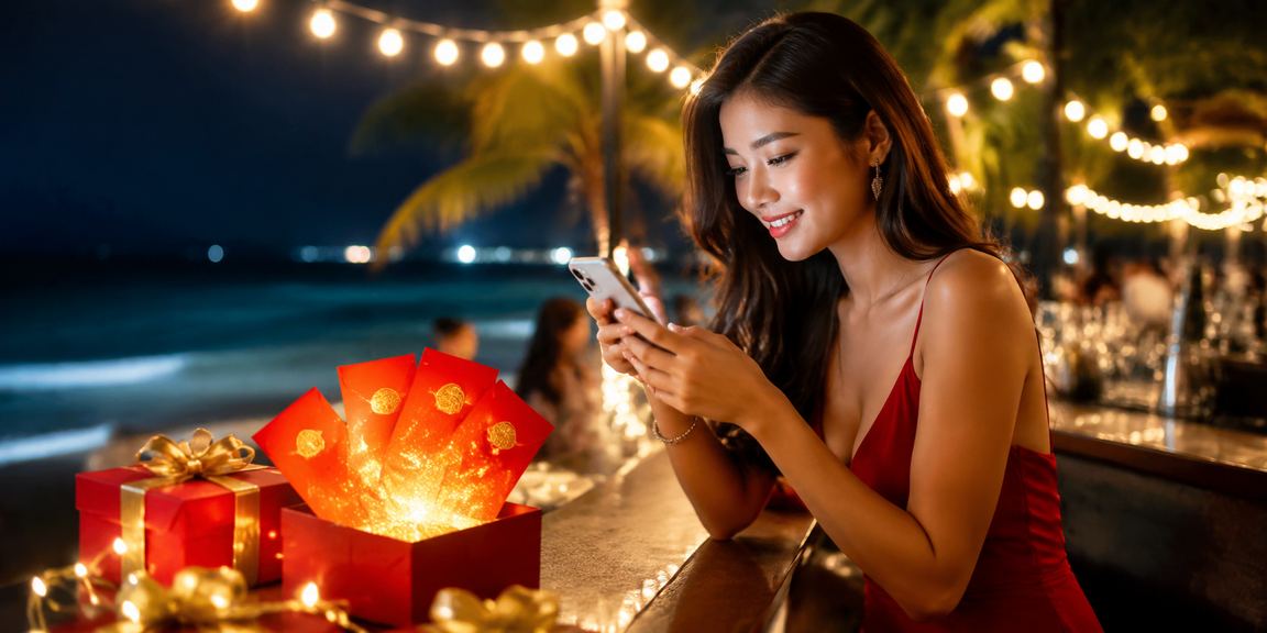 Khung cảnh bãi biển Phú Quốc với phong bì đỏ mang phong cách lễ hội – biểu tượng bonus và may mắn tại fun79